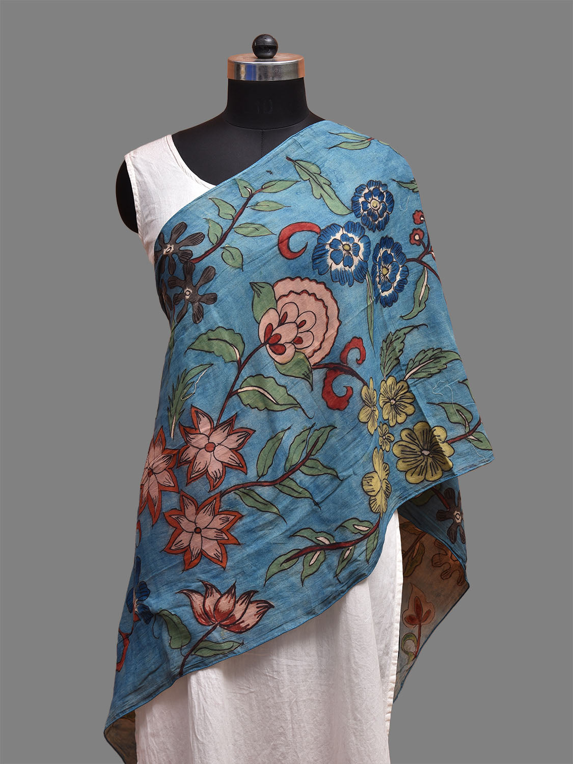Blue Kalamkari Hand Painted Sico Stole with Floral Design ds3713