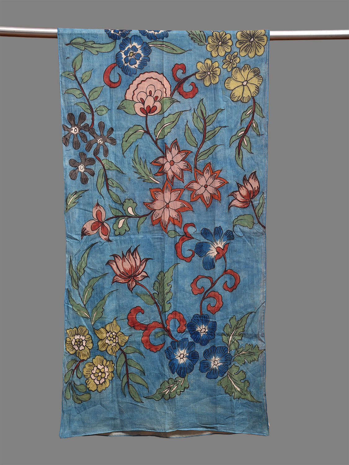 Blue Kalamkari Hand Painted Sico Stole with Floral Design ds3713