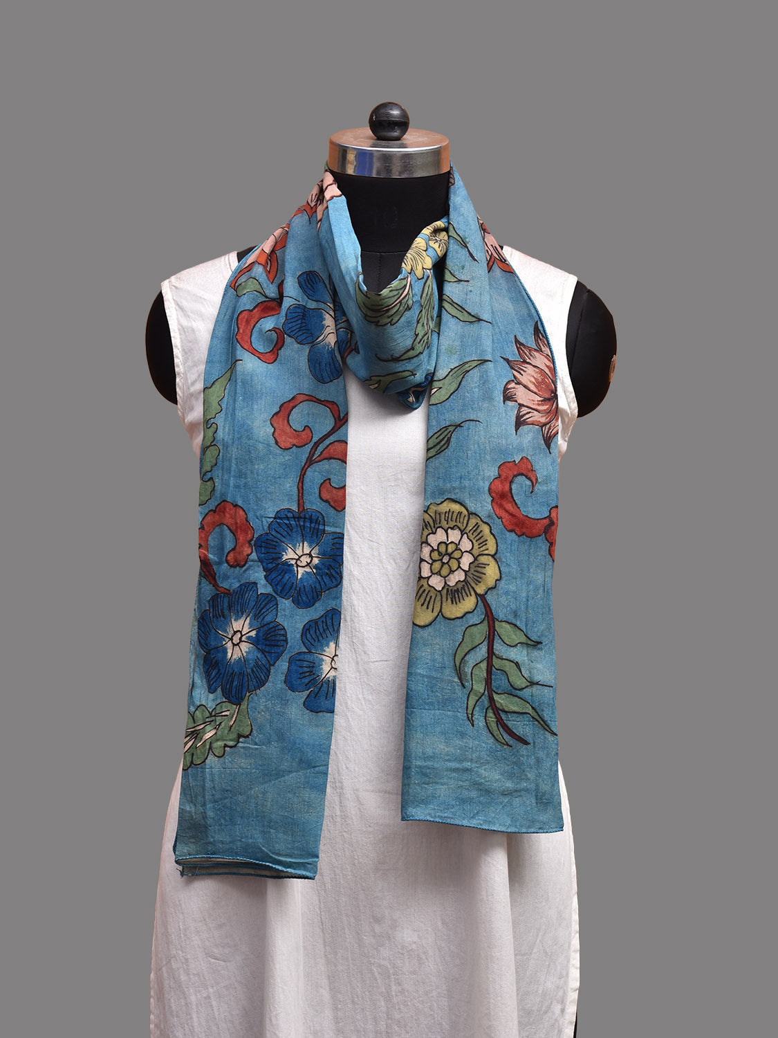 Blue Kalamkari Hand Painted Sico Stole with Floral Design ds3713