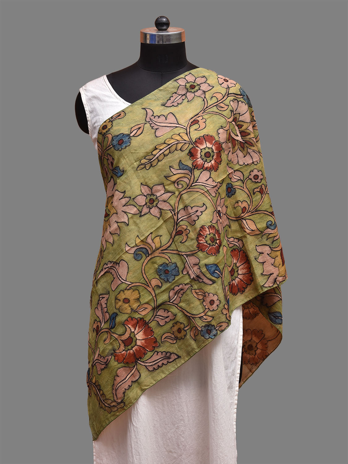 Light Green Kalamkari Hand Painted Sico Stole with Floral Design ds3714