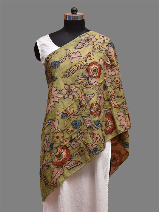 Light Green Kalamkari Hand Painted Sico Stole with Floral Design ds3714