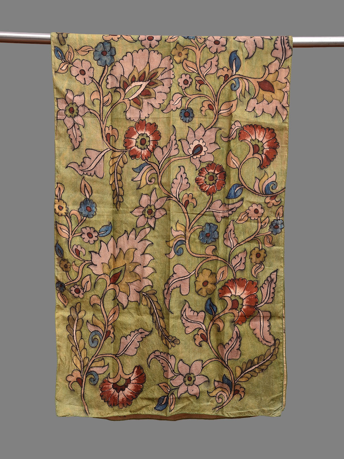 Light Green Kalamkari Hand Painted Sico Stole with Floral Design ds3714