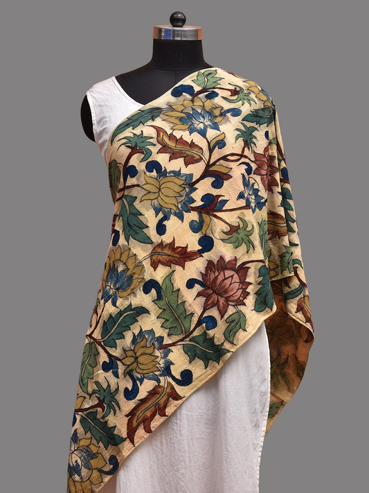 Cream Kalamkari Hand Painted Cotton Stole with Lotus Flowers Design ds3715