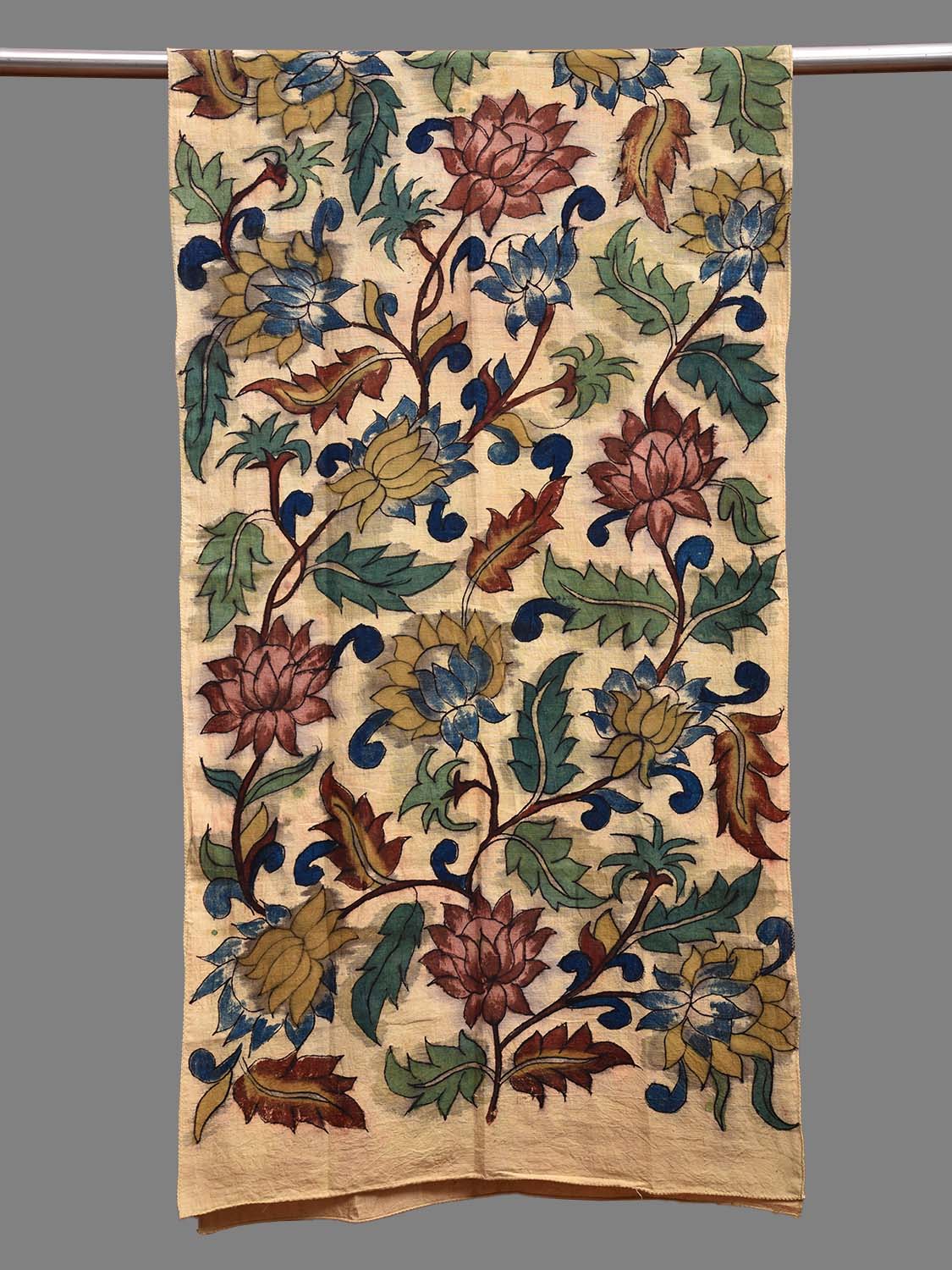 Cream Kalamkari Hand Painted Cotton Stole with Lotus Flowers Design ds3715