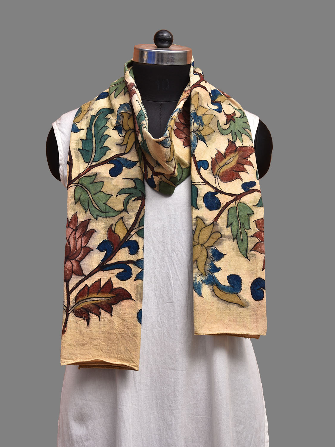 Cream Kalamkari Hand Painted Cotton Stole with Lotus Flowers Design ds3715