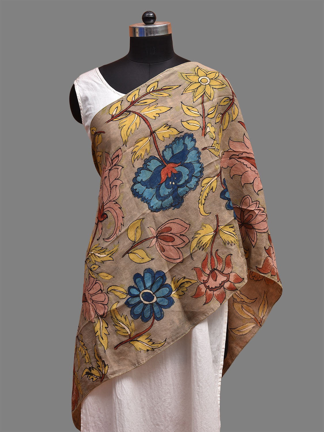 Khaki Kalamkari Hand Painted Sico Stole with Floral Design ds3716