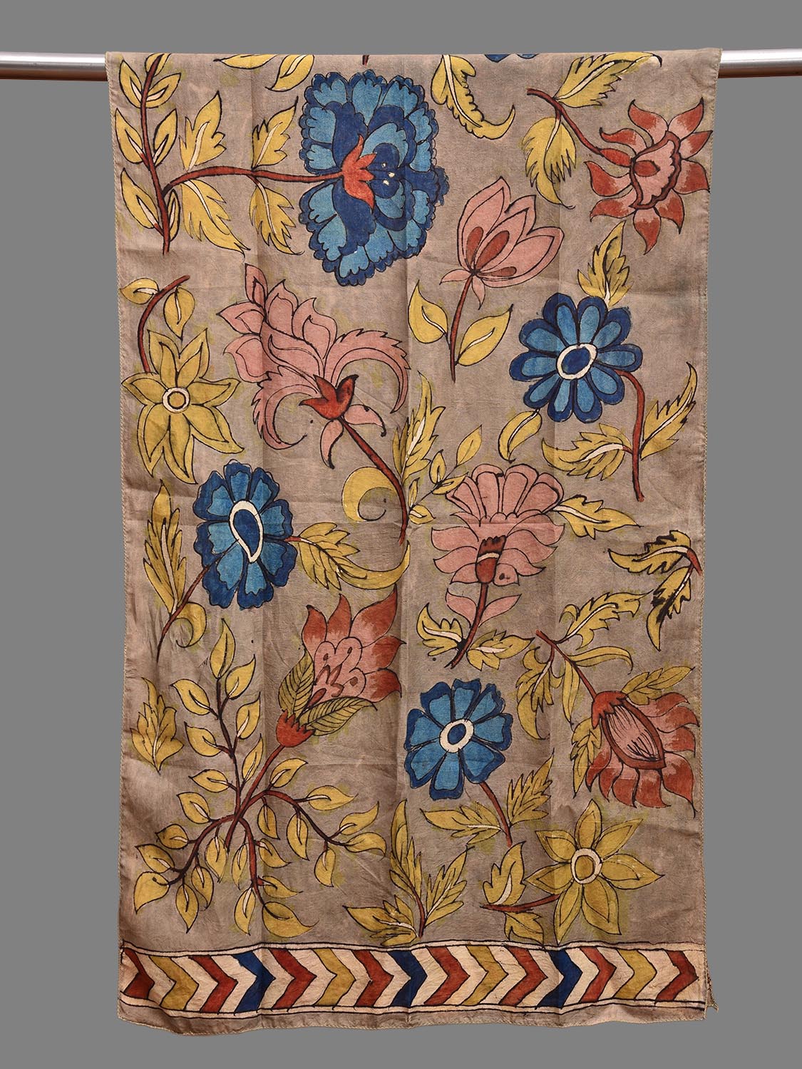 Khaki Kalamkari Hand Painted Sico Stole with Floral Design ds3716