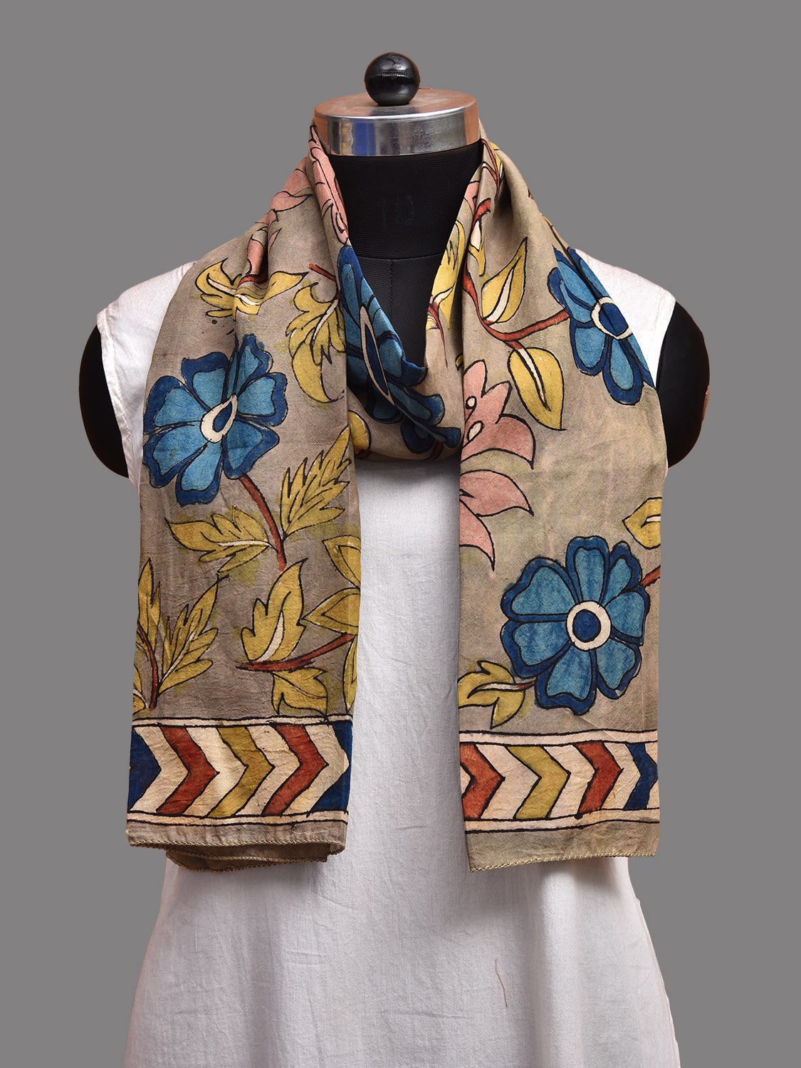 Khaki Kalamkari Hand Painted Sico Stole with Floral Design ds3716