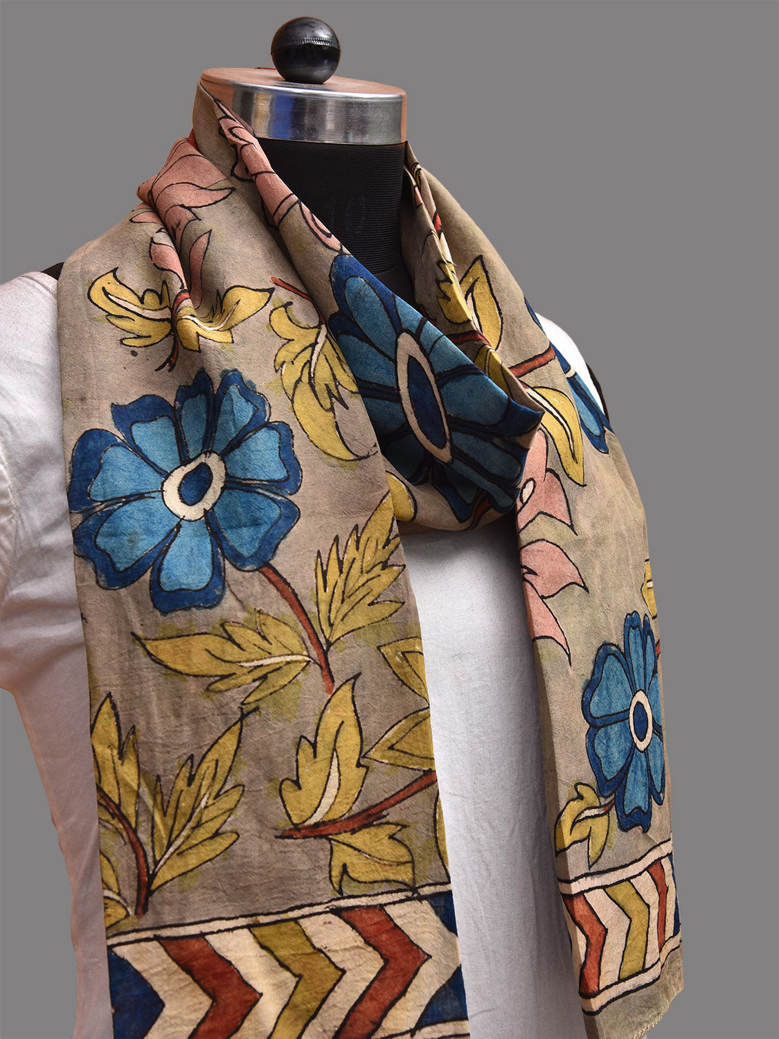 Khaki Kalamkari Hand Painted Sico Stole with Floral Design ds3716