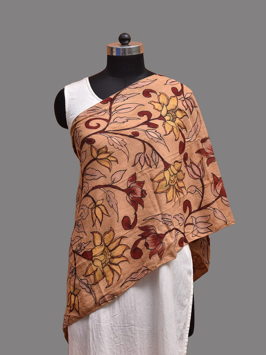 Light Orange Kalamkari Hand Painted Cotton Stole with Floral Design ds3718