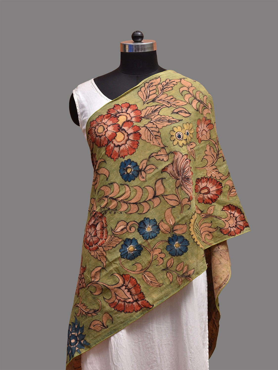 Green Kalamkari Hand Painted Khadi Cotton Stole with Floral Design ds3719