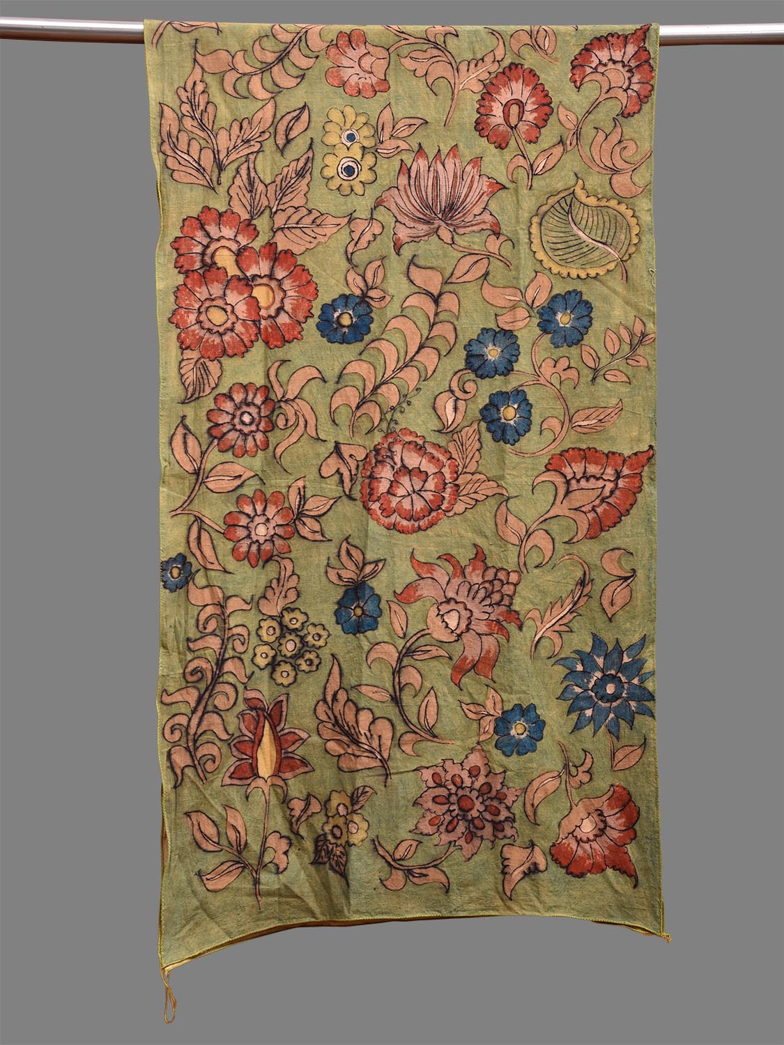 Green Kalamkari Hand Painted Khadi Cotton Stole with Floral Design ds3719