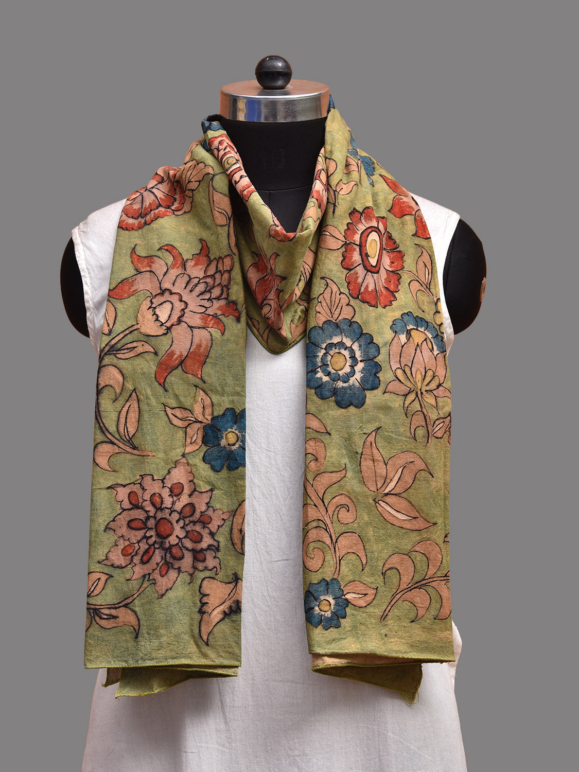 Green Kalamkari Hand Painted Khadi Cotton Stole with Floral Design ds3719