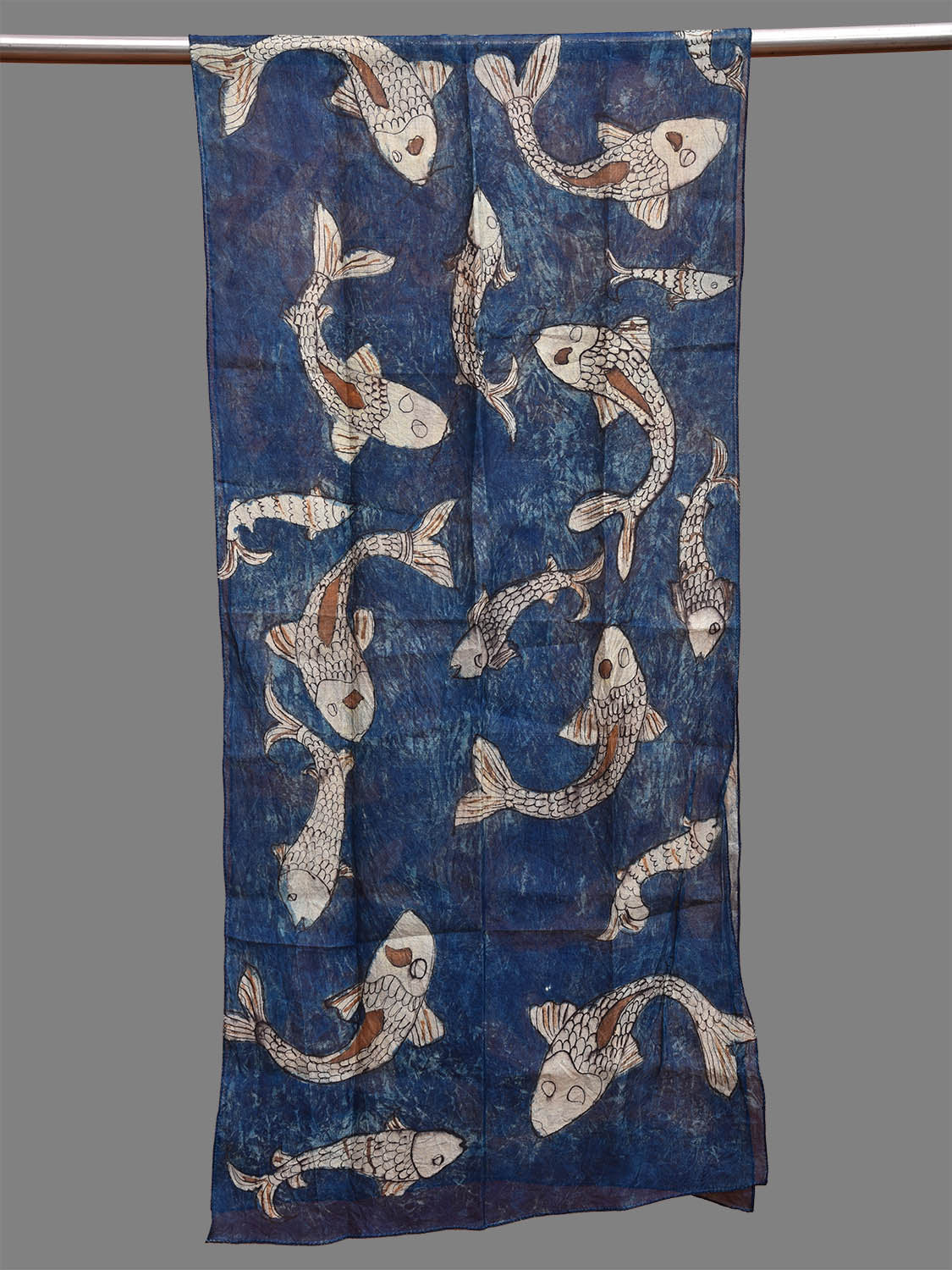 Blue Kalamkari Hand Painted Tussar Handloom Stole with Fishes Design ds3720