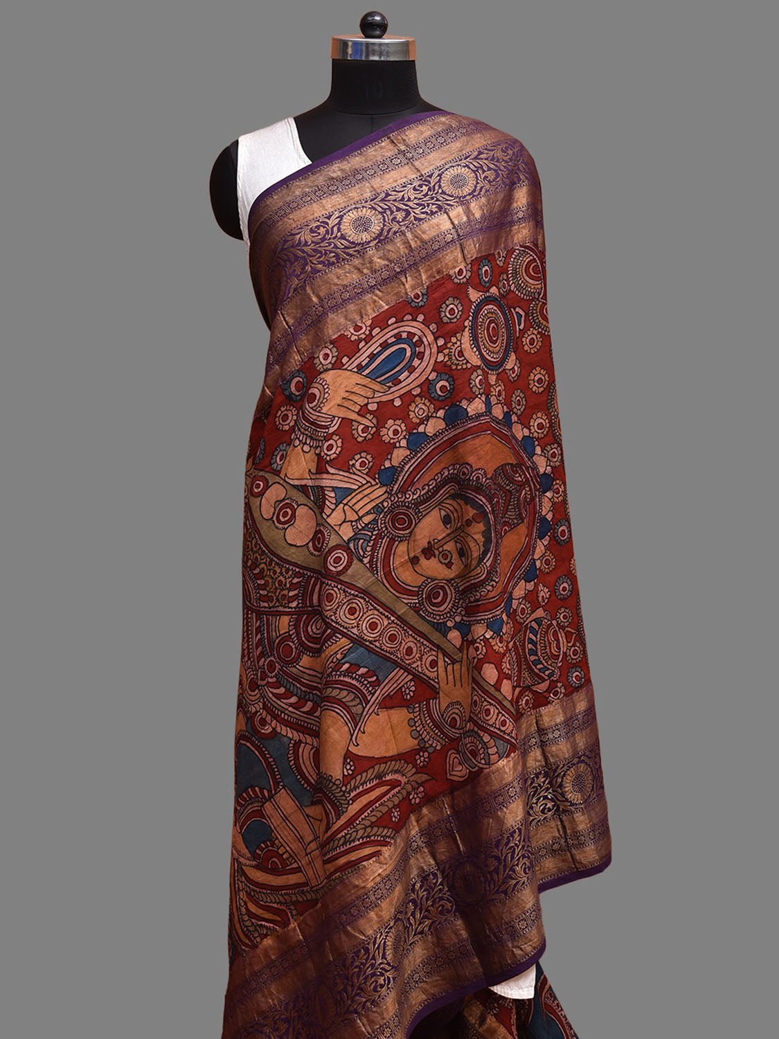 Purple and Red Kalamkari Hand Painted Kanchipuram Silk Handloom Dupatta with Saraswati Design ds3721