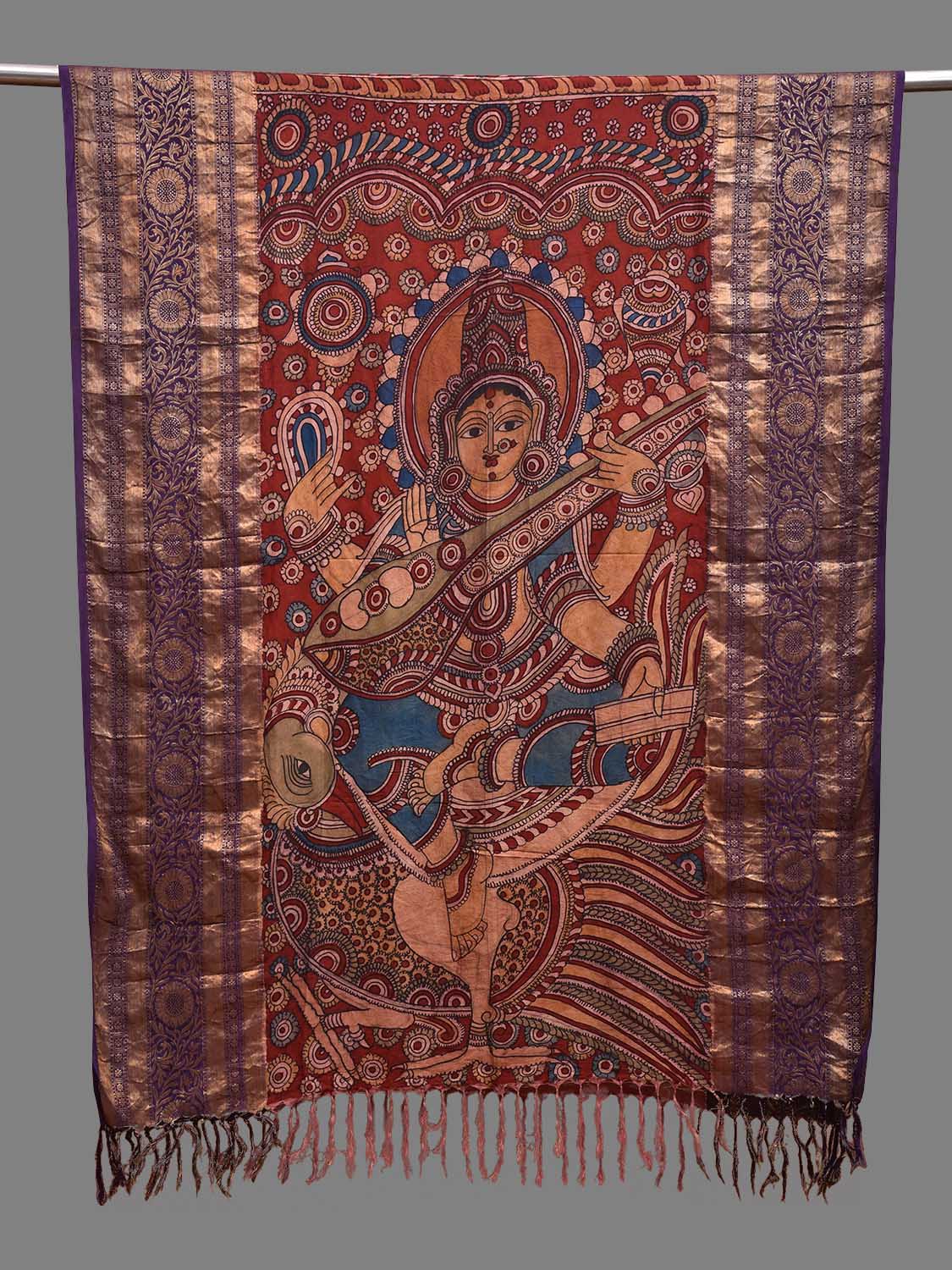 Purple and Red Kalamkari Hand Painted Kanchipuram Silk Handloom Dupatta with Saraswati Design ds3721