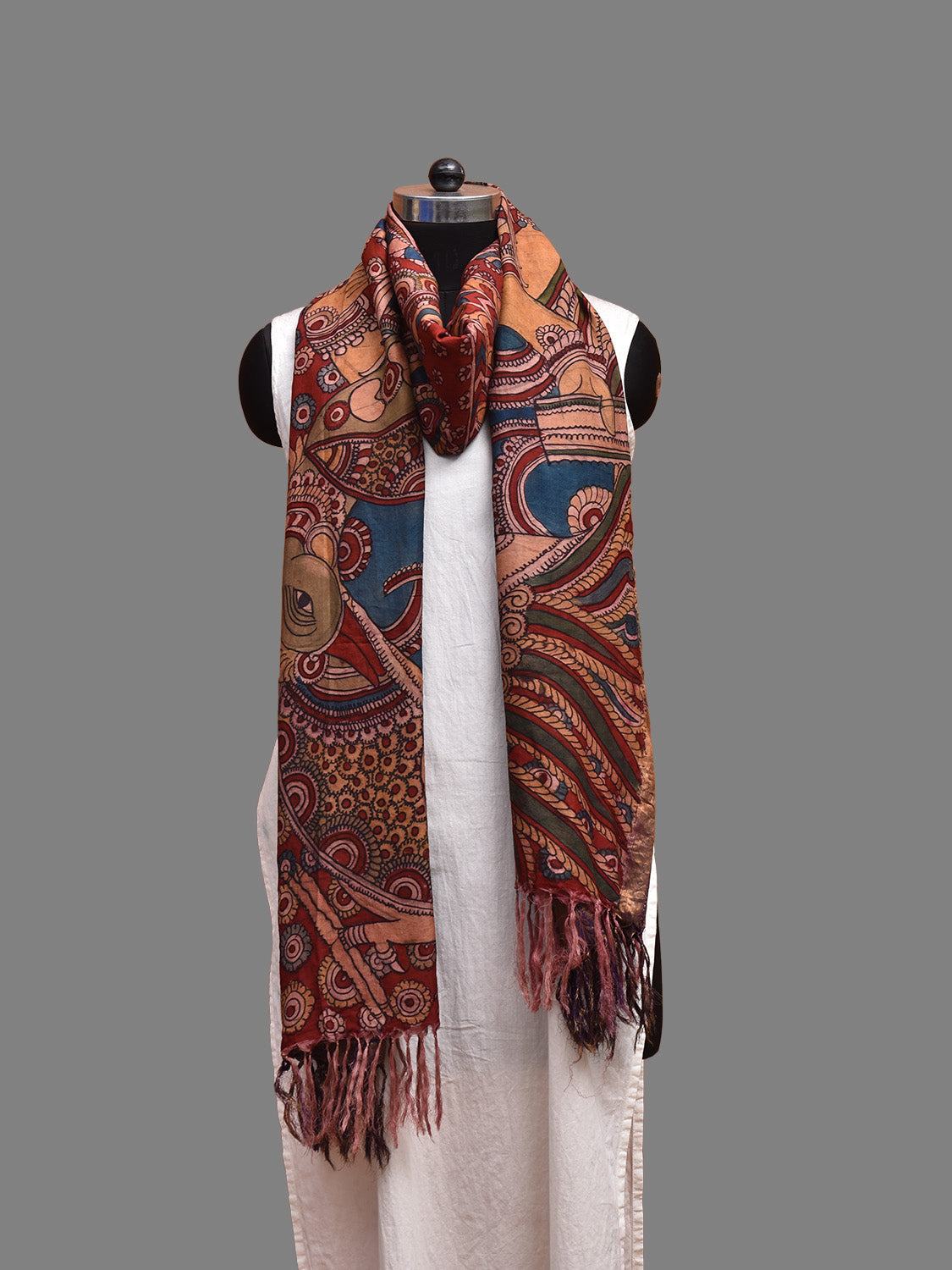 Purple and Red Kalamkari Hand Painted Kanchipuram Silk Handloom Dupatta with Saraswati Design ds3721