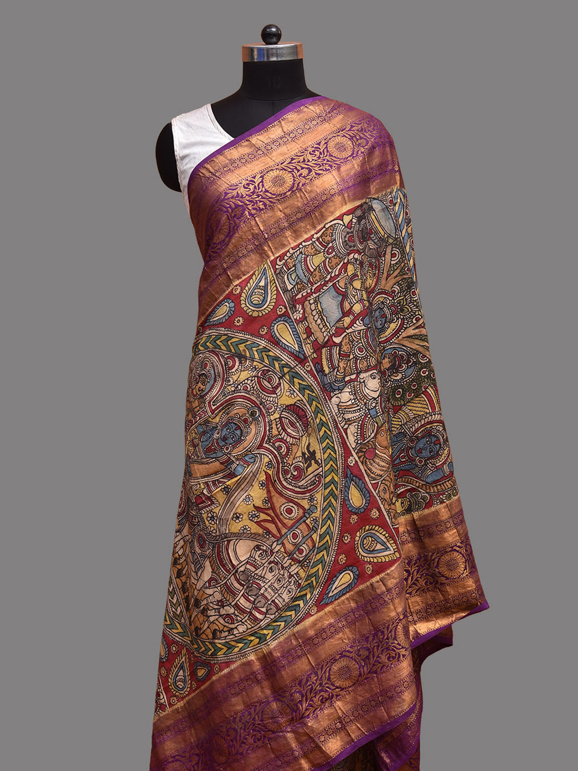 Purple and Red Kalamkari Hand Painted Kanchipuram Silk Handloom Dupatta with Krishna Design ds3722