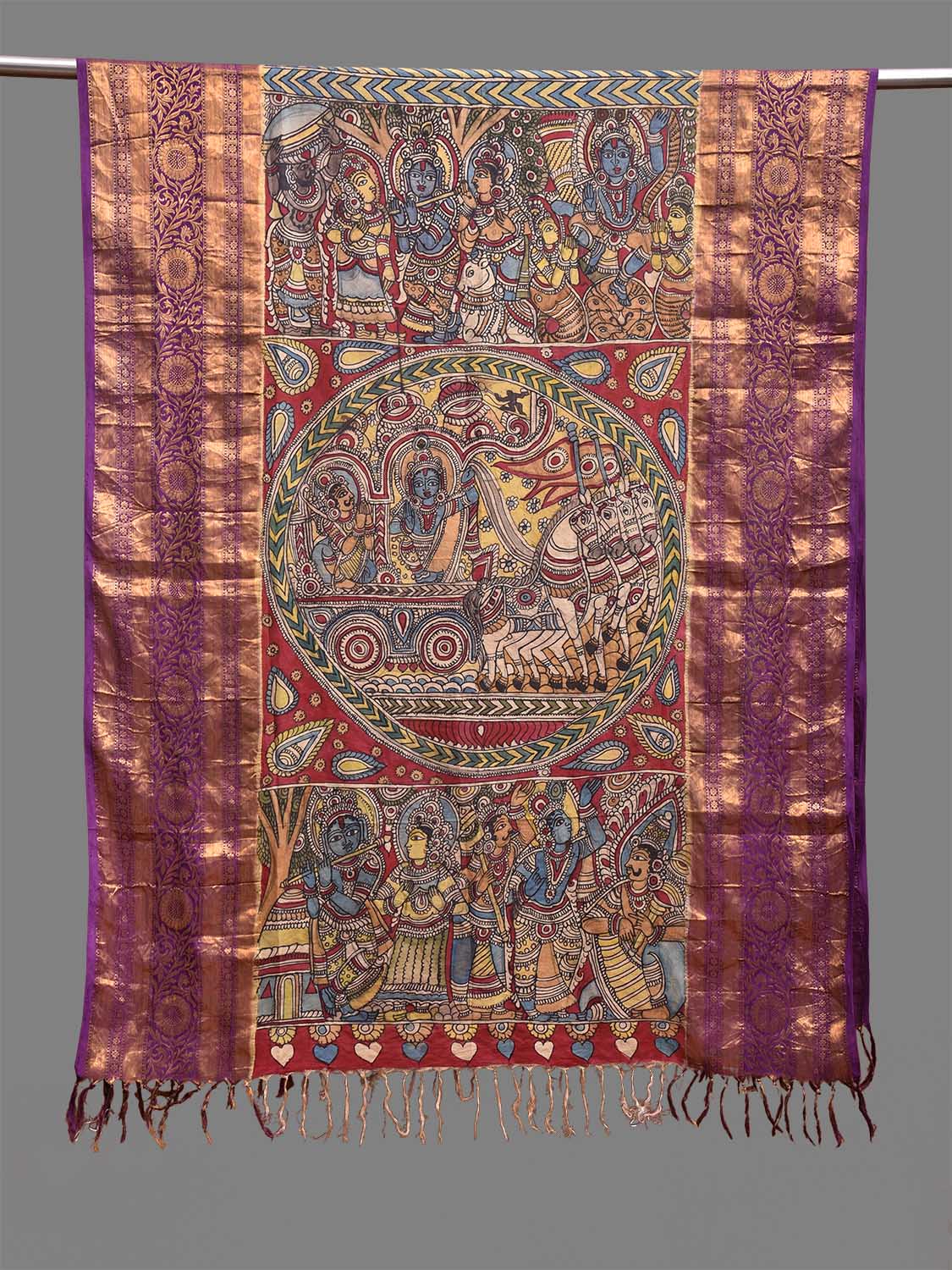 Purple and Red Kalamkari Hand Painted Kanchipuram Silk Handloom Dupatta with Krishna Design ds3722