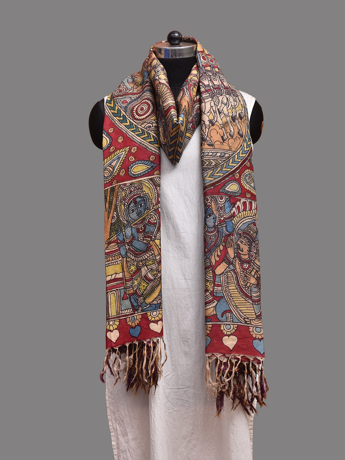 Purple and Red Kalamkari Hand Painted Kanchipuram Silk Handloom Dupatta with Krishna Design ds3722