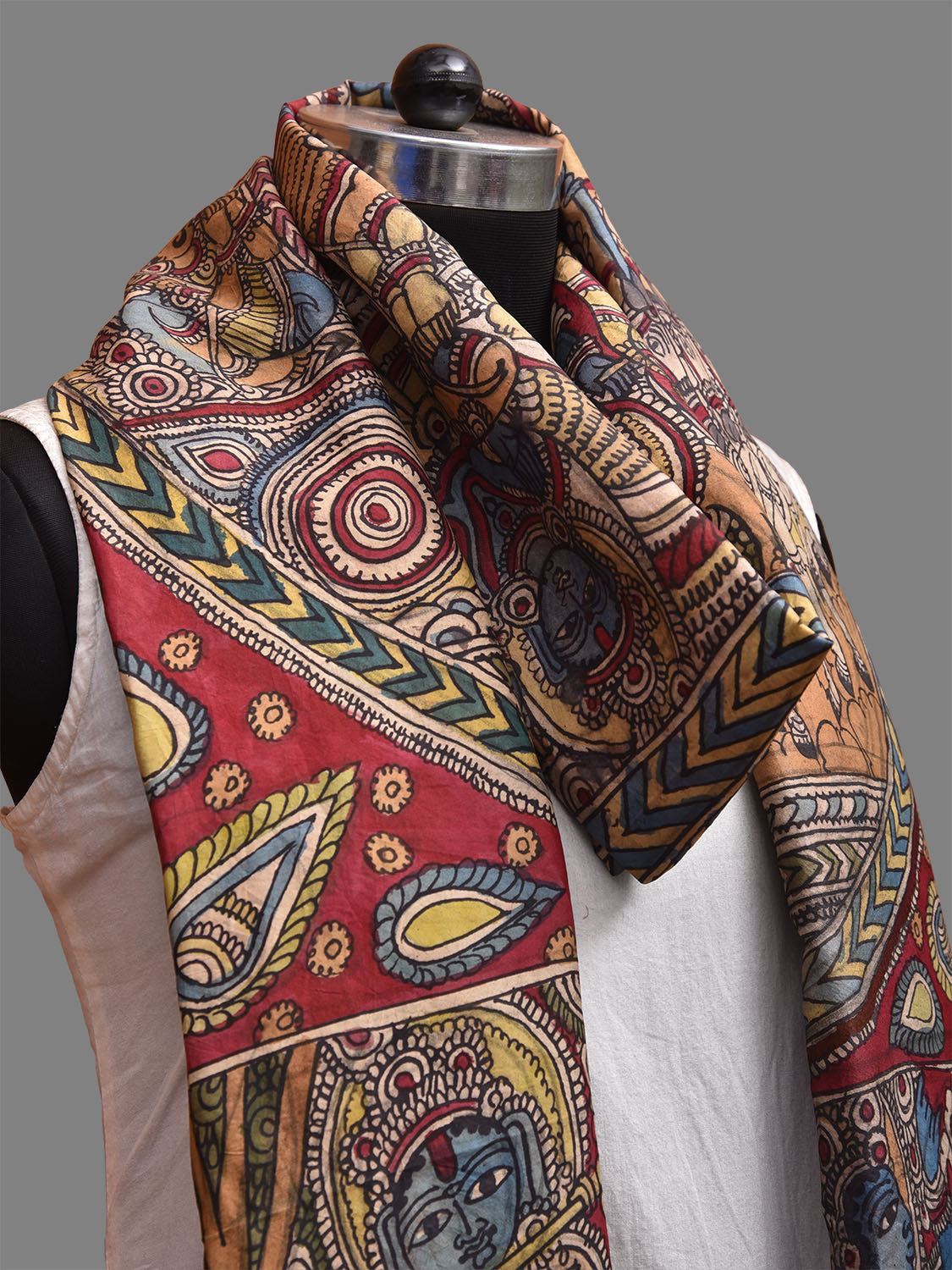 Purple and Red Kalamkari Hand Painted Kanchipuram Silk Handloom Dupatta with Krishna Design ds3722