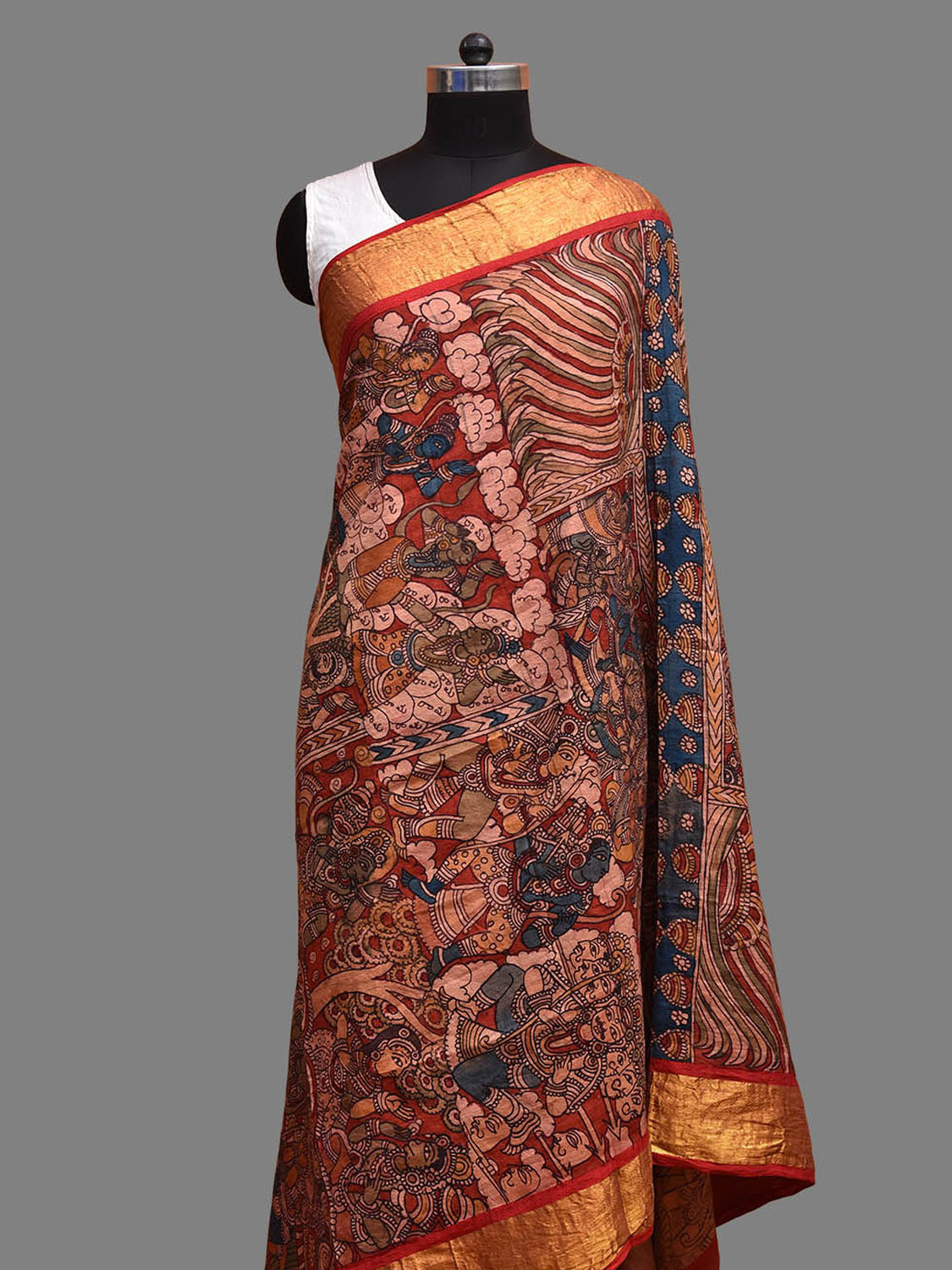 Red Kalamkari Hand Painted Kanchipuram Silk Handloom Dupatta with Ramayana Design ds3723