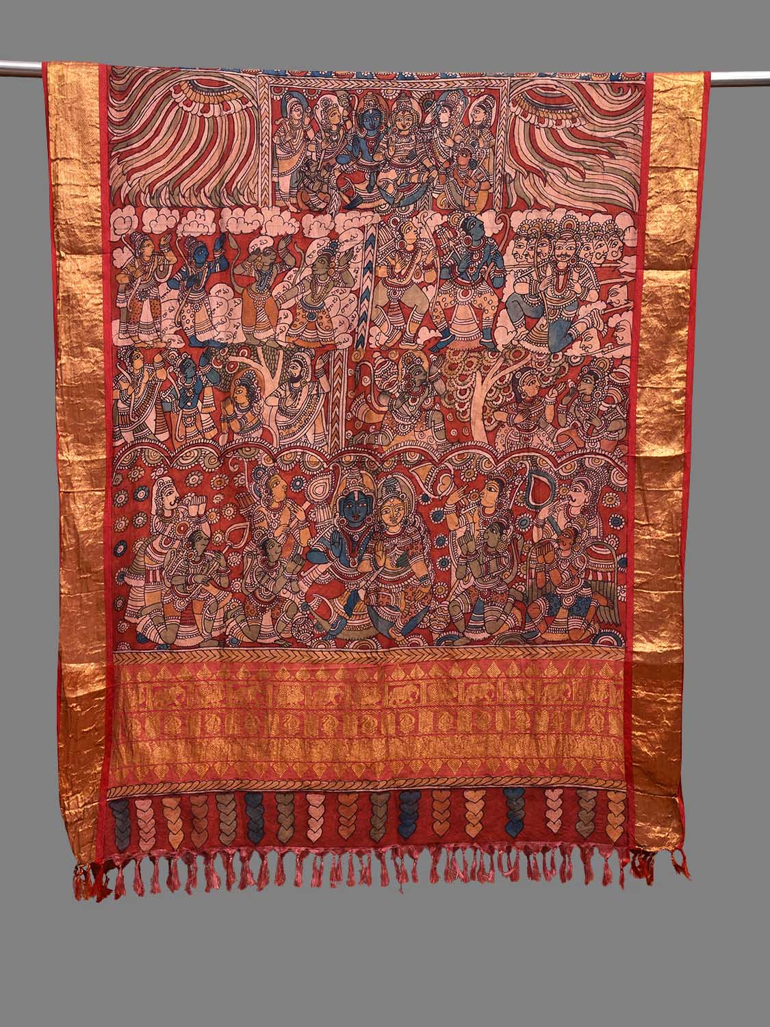 Red Kalamkari Hand Painted Kanchipuram Silk Handloom Dupatta with Ramayana Design ds3723