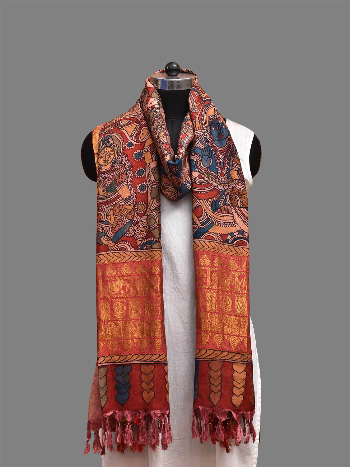 Red Kalamkari Hand Painted Kanchipuram Silk Handloom Dupatta with Ramayana Design ds3723