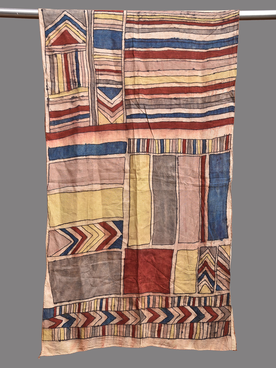 Multicolor Kalamkari Hand Painted Sico Stole with Geometric Design ds3771