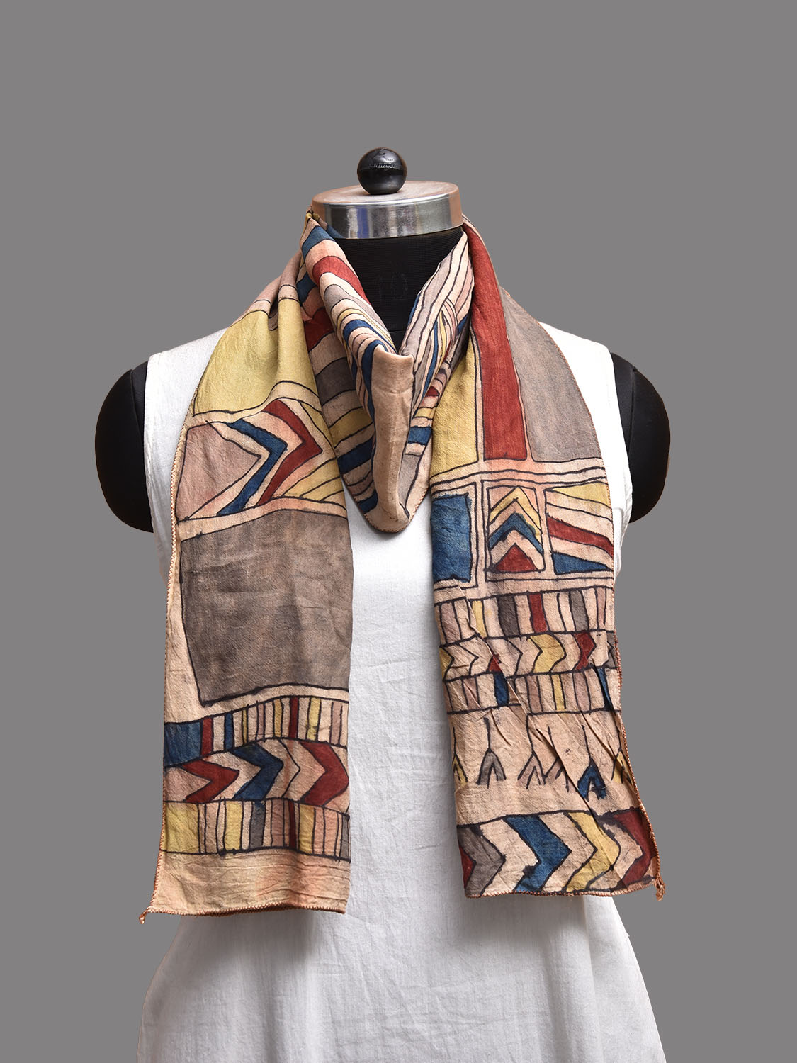 Multicolor Kalamkari Hand Painted Sico Stole with Geometric Design ds3771