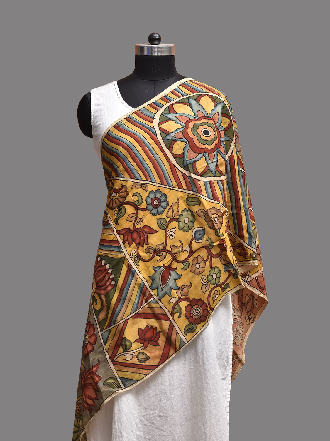 Multicolor Kalamkari Hand Painted Sico Stole with Floral and Peacock Design ds3773