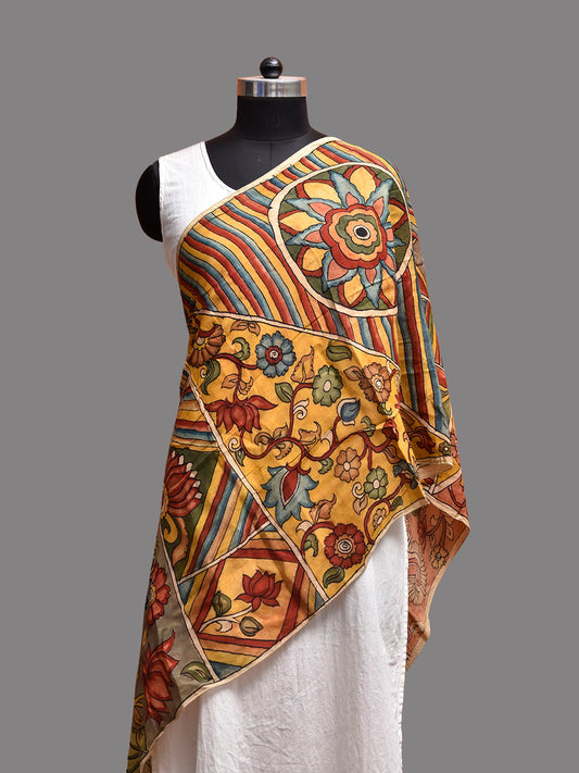 Multicolor Kalamkari Hand Painted Sico Stole with Floral and Peacock Design ds3773