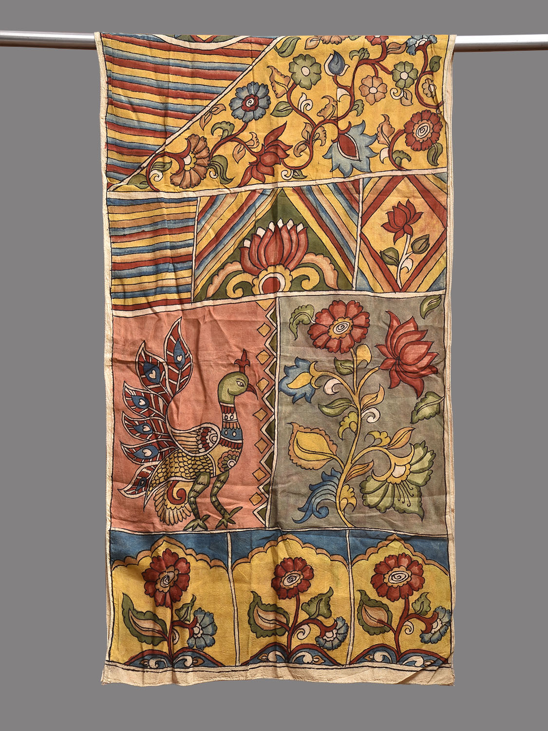 Multicolor Kalamkari Hand Painted Sico Stole with Floral and Peacock Design ds3773