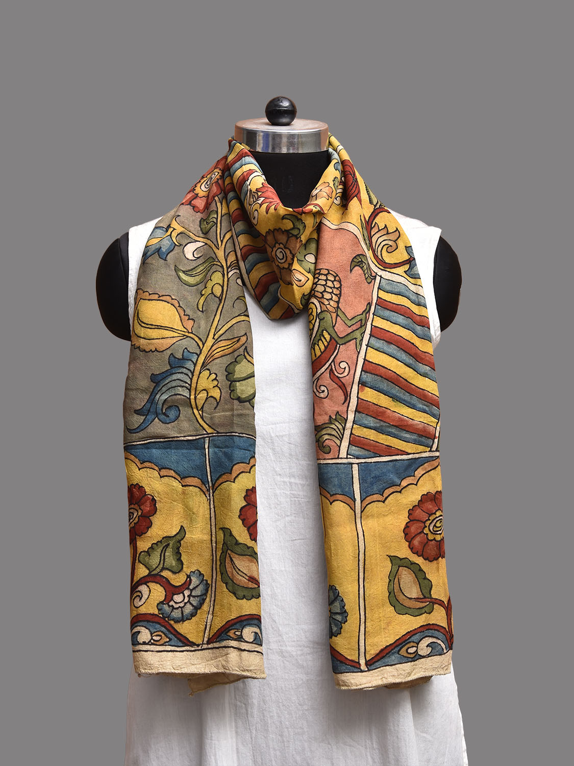 Multicolor Kalamkari Hand Painted Sico Stole with Floral and Peacock Design ds3773