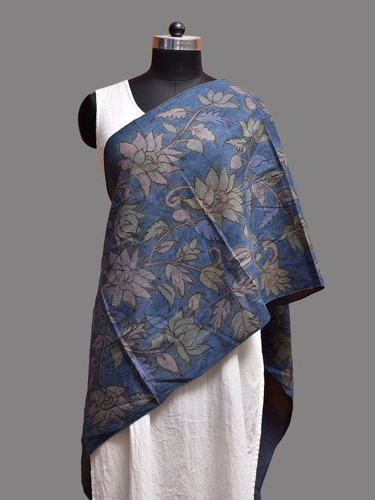 Blue Kalamkari Hand Painted Khadi Cotton Stole with Floral Design ds3774