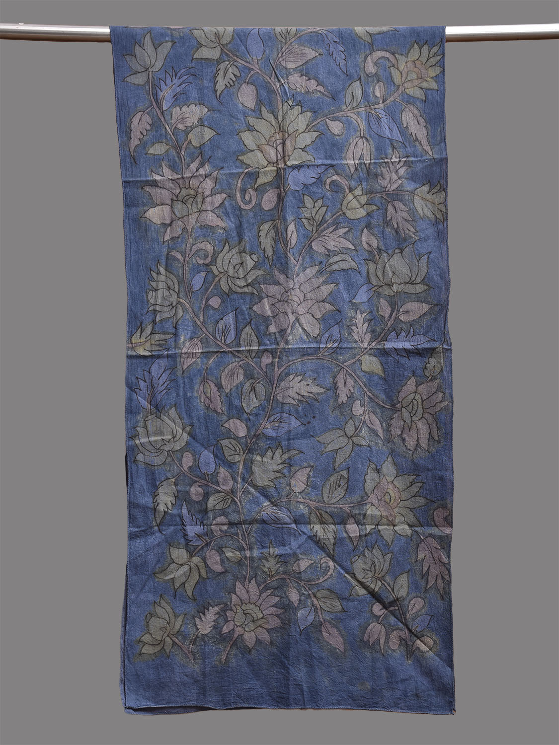 Blue Kalamkari Hand Painted Khadi Cotton Stole with Floral Design ds3774