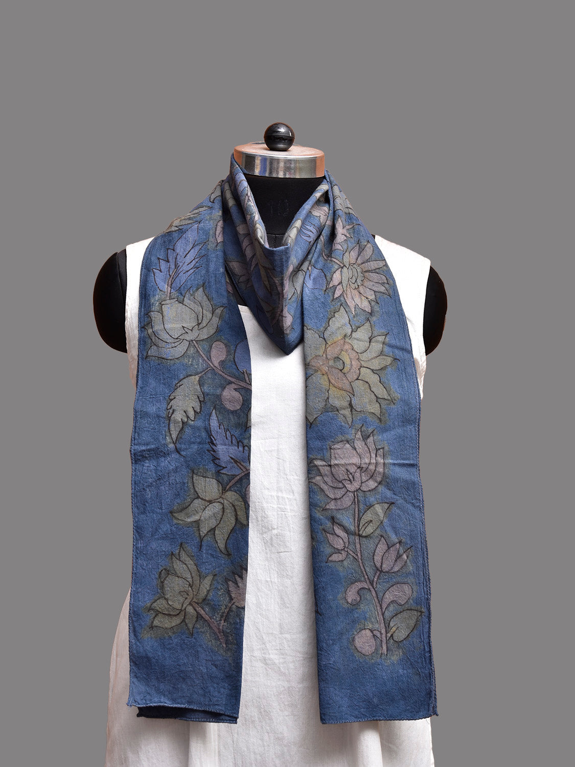 Blue Kalamkari Hand Painted Khadi Cotton Stole with Floral Design ds3774