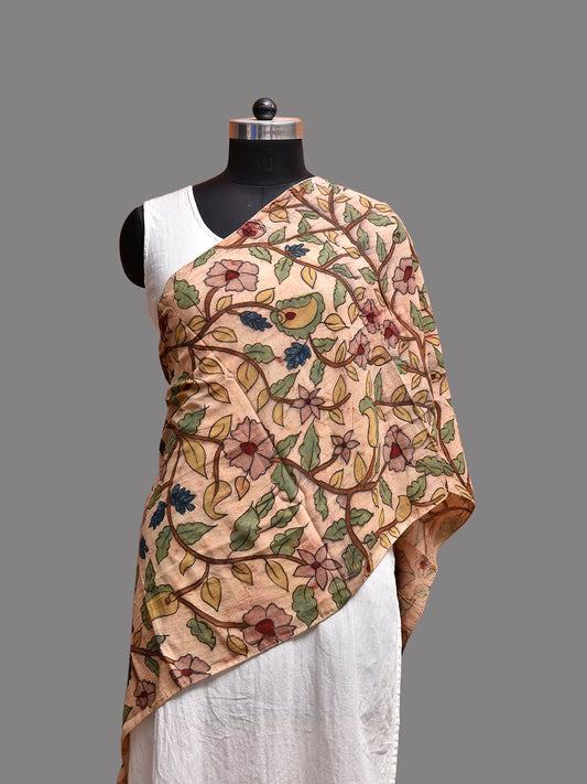 Cream Kalamkari Hand Painted Sico Stole with Floral Design ds3775