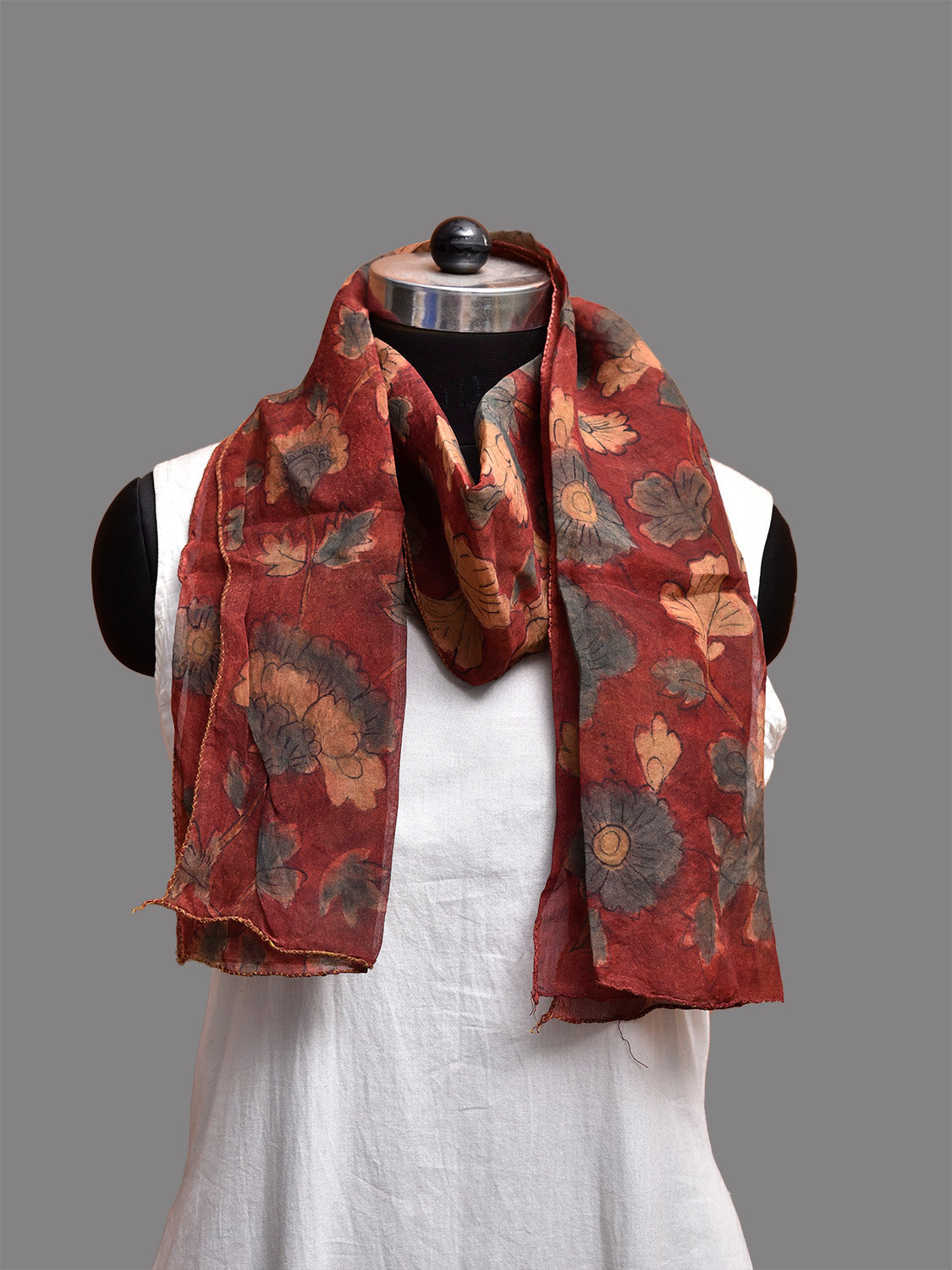 Red Kalamkari Hand Painted Organza Stole with Floral Design ds3777