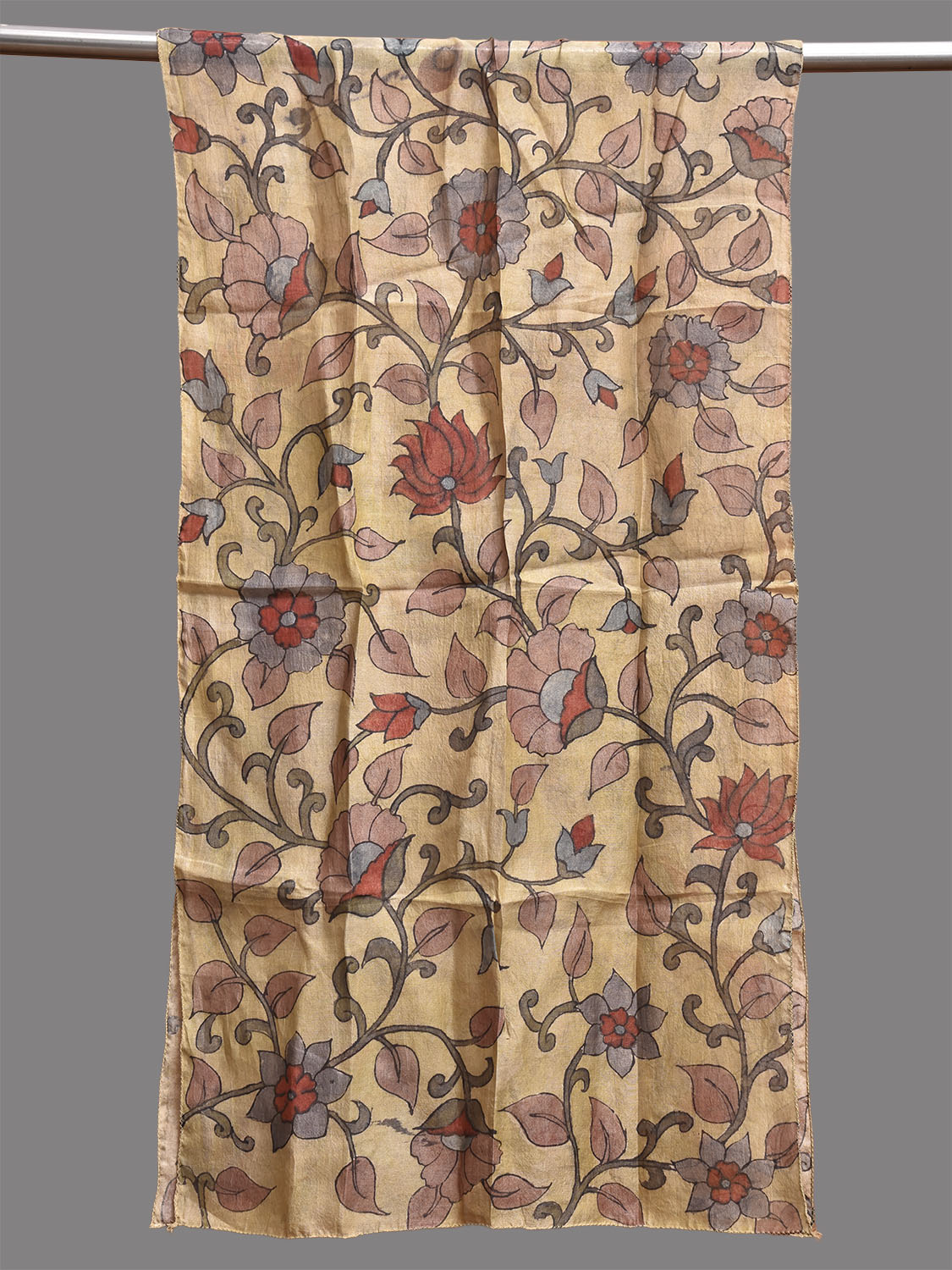 Light Yellow Kalamkari Hand Painted Tussar Stole with Floral Design ds3778