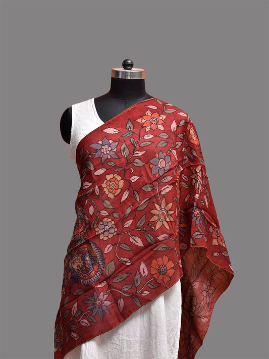 Dark Red Kalamkari Hand Painted Sico Stole with Floral and Krishna Design ds3779