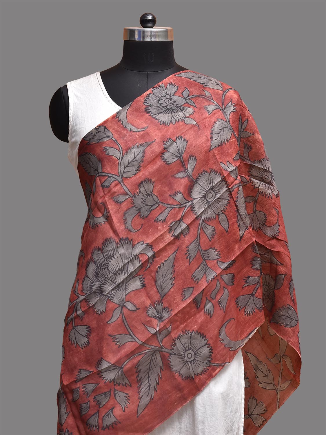 Red and Grey Kalamkari Hand Painted Tussar Stole with Floral Design ds3781