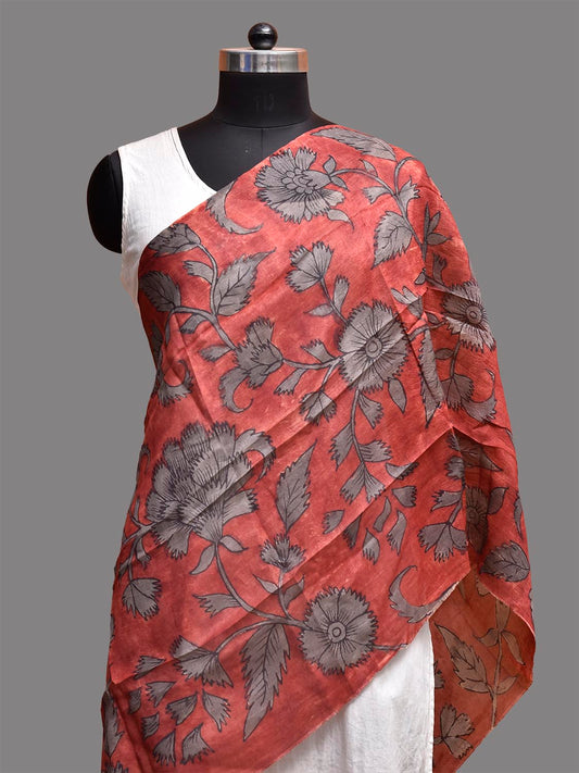 Red and Grey Kalamkari Hand Painted Tussar Stole with Floral Design ds3781