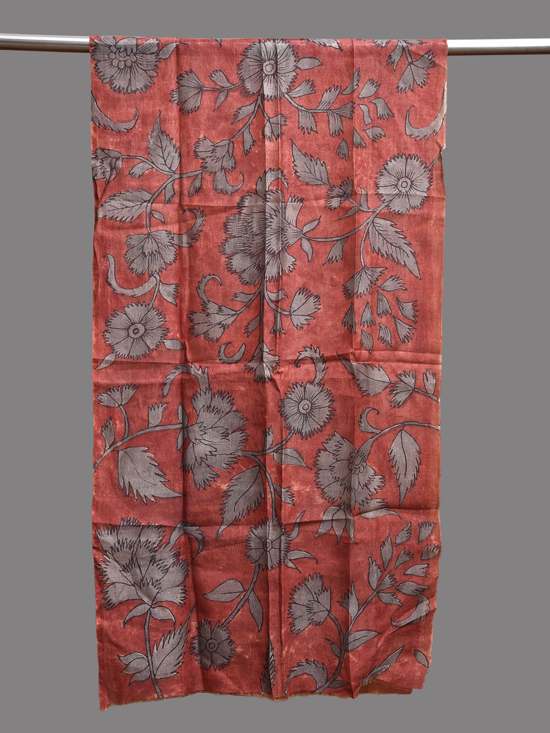 Red and Grey Kalamkari Hand Painted Tussar Stole with Floral Design ds3781