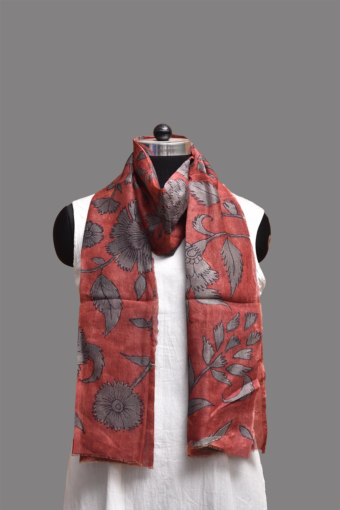Red and Grey Kalamkari Hand Painted Tussar Stole with Floral Design ds3781