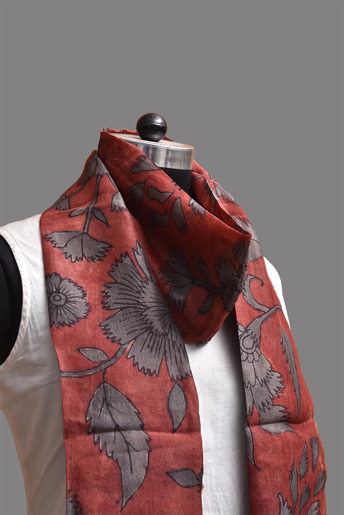 Red and Grey Kalamkari Hand Painted Tussar Stole with Floral Design ds3781