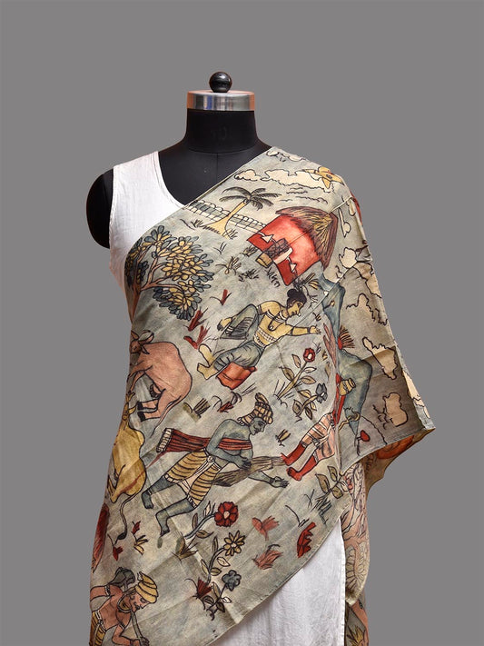 Sea Blue Kalamkari Hand Painted Sico Stole with Village Theme Design ds3782