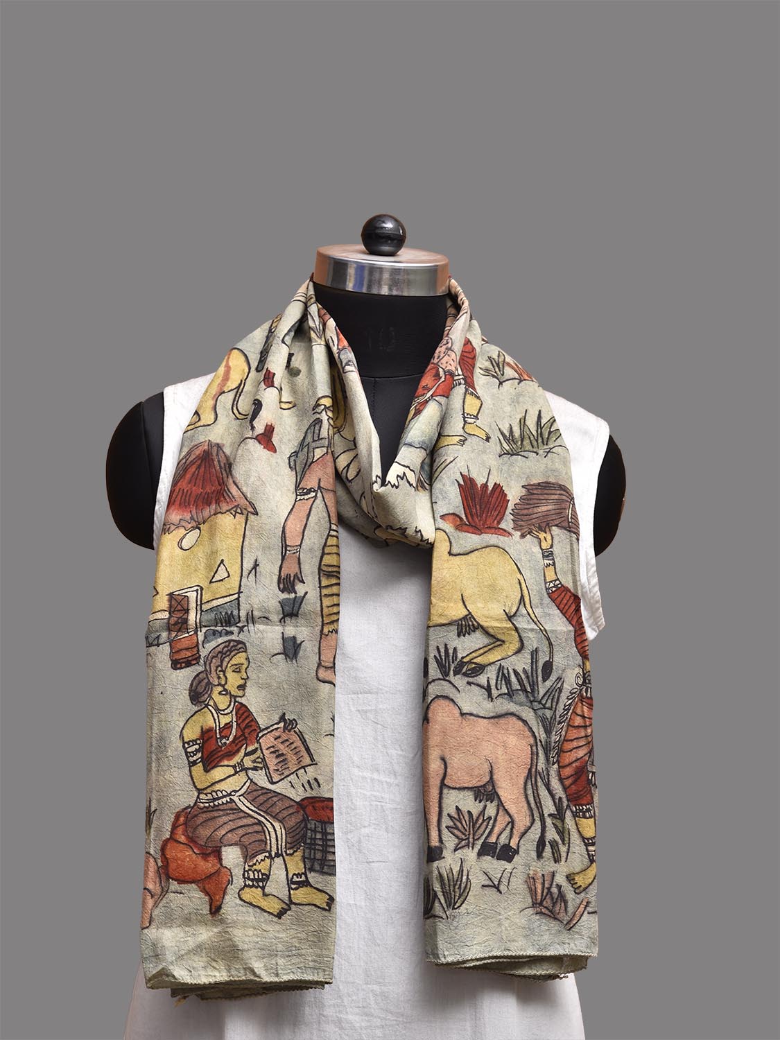 Sea Blue Kalamkari Hand Painted Sico Stole with Village Theme Design ds3782