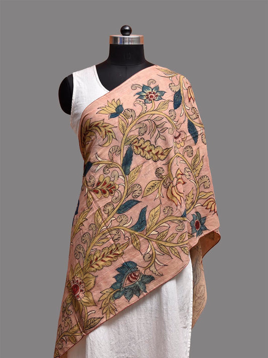 Light Peach Kalamkari Hand Painted Cotton Stole with Big Floral Design ds3783