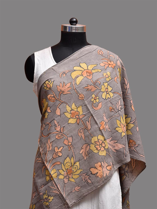 Light Grey Kalamkari Hand Painted Cotton Stole with Floral Design ds3784